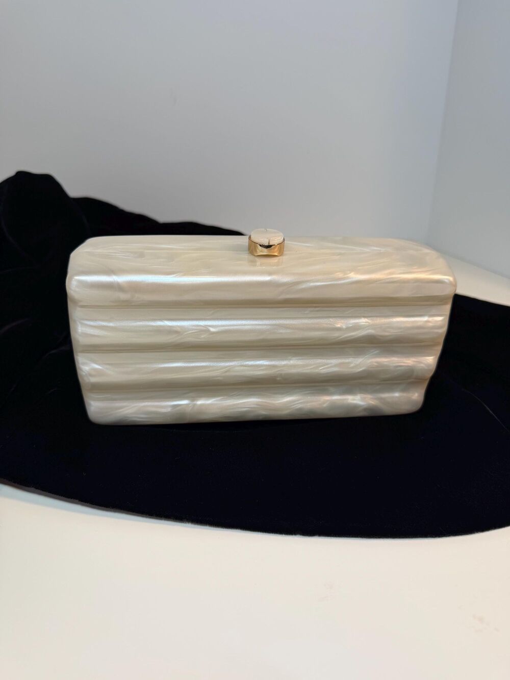 Pearlized Ivory Acrylic Clutch Evening Bag Gold Chain Bridal Purse